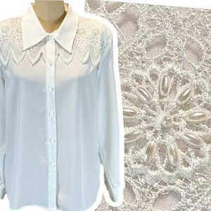 VINTAGE embroidered lace beaded floral button down blouse shirt fancy‎ elegant